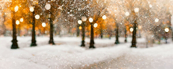 Wall Mural - Snowflakes on winter park background Snowfall