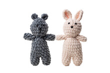 Knitted Toys With Threads Isolated On Transparent Background Png . Bear And Hare Hold Hands. Friendship Concept