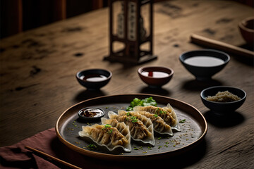 a plate of gyoza on a wooden table inside an izakaya