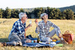 Senior couple make picnic on nature with blanket full of food, he drink vine while she holding red apple and talk to each other