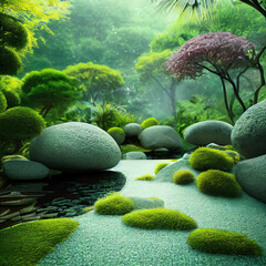 peaceful japanese stone and water garden with moss and grass, fictional landscape created with generative ai