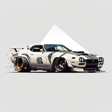 Illustration of a white and black sports car. Cool graffiti background.