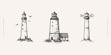 Set Of Vintage Lighthouses In Engraving Style. Nautical Lighthouse On An Isolated Background. Symbol Of Safety Of Navigation, Tourism. Vintage Vector Illustration For Postcard, Book, Textile Design.