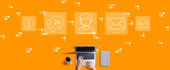 Wall Mural - customer service 24 hours 7 days a week theme with person working with a laptop