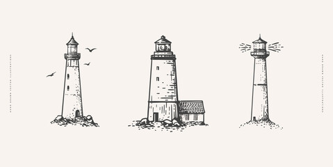 Set of vintage lighthouses in engraving style. Nautical lighthouse on an isolated background. Symbol of safety of navigation, tourism. Vintage vector illustration for postcard, book, textile design.