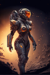 Wall Mural - beautiful fierwarrior woman in astronaut suit lost in the solar system