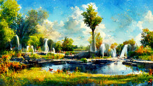 Illustration Of A Park In Summer With Fountains And A Flourishing Nature.