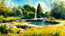 Illustration Of A Park In Summer With Fountains And A Flourishing Nature.