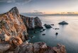 Scenic view of giant stones in the sea during sunset. Great for backgrounds