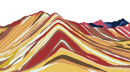 Poster - Rainbow mountains or Vinicunca Montana de Siete Colores isolated on white sky background, Cuzco region in Peru, Peruvian Andes, panoramic view vector illustration