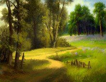 Road In The Forest, Morning In The Forest. Oil Paintings Summer Landscape