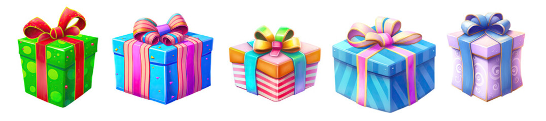 Wall Mural - set of colourful decorated cartoon gift boxes isolated on white background. collection of digital il