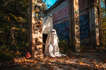 A funny image of two people in ghost costumes and sunglasses in an abandoned building