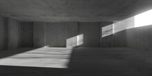 Abstract Large, Empty, Modern Concrete Room With Sunlight From Wall Opening, Pillars Along The Walls And Rough Floor - Industrial Interior Background Template