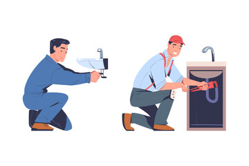 Poster - Man Plumber in Uniform with Wrench Fixing Pipe Under Sink Vector Set