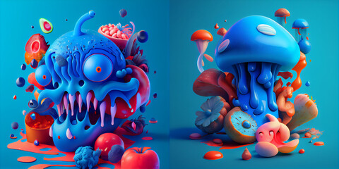 Wall Mural - fluid food monster, surrealistic illustration, abstract colorful background, modern art style, surreal art, great composition and coloring, character, ai art, collection, blue and red