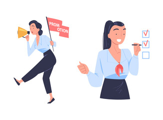 Sticker - Promotion with Woman Character Engaged in Marketing and Advertisement Campaign with Megaphone and Ticking Checkbox Vector Set