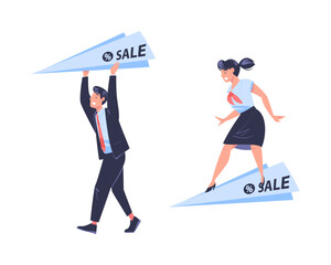 Sticker - Promotion with Man and Woman Character Engaged in Marketing and Advertisement Campaign with Paper Plane Vector Set