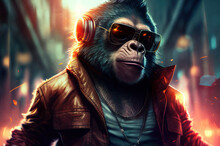 Cool Monkey Gorilla Gangsta Rapper In Sunglasses. Generated Sketch Art