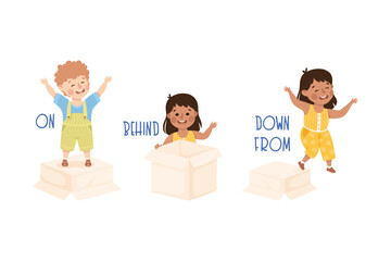 Sticker - Little Boy and Girl with Cardboard Box as Preposition Demonstration Vector Set