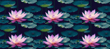 Lotus Flowers On A Natural Background, Beautiful Lotus Flowers In A Seamless Pattern, Flower Themed Background Or Wallpaper For Design, Textiles, Gift Wrap, Objects
