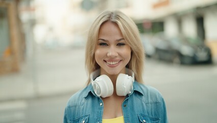 Sticker - young blonde woman smiling confident wearing headphones at street