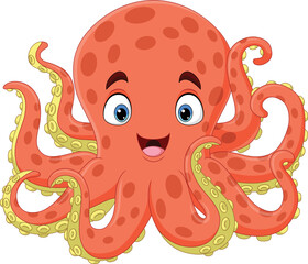 Wall Mural - Cartoon happy octopus on white background