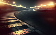 Asphalt Of An International Race Track With A Racing Car At The Start. Racer On A Racing Car Passes The Track.