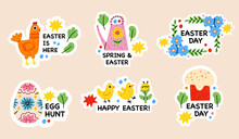 Easter Spring Doodle Elements. Rabbit, Flowers And Chickens, Cute Easter Theme Symbols. Holiday Easter Icons Cartoon Illustration Stickers With Calligraphy Text. Easter Greeting Cars. Hand Draw Child