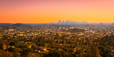 Wall Mural - Los Angeles city skyline landscape at sunset from Griffith Observatory, California, USA