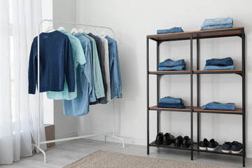 Wall Mural - Shelving unit and rack with male clothes near light wall