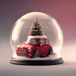 Red car mini cooper snow globe with a Christmas tree on the roof	