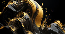 Luxury Gold And Black Liquid Background , Fluid Splash, Swirl On White. Luxury Golden Flow. Luxus Gold Background Dynamic Flow Wave 3d