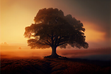  Foggy maple tree at sunset