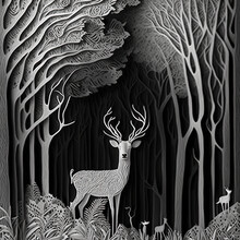Paper Quilling. Paper Cut Art, Paper Illustration, Deer In Forest, Single Color, High Detailed.