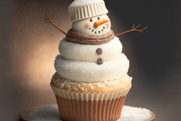 Wall Mural - Delicious christmas cupcake with white frosting snowman covered on coconut powder wearing a scarf and a hat 