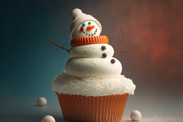 Sticker - Cute edible white chocolate snowman wearing a hat and scarf standing on top of white frosting with coconut as snow