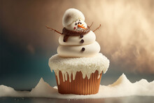 Delicious Christmas Snowman Cupcake Made Of White Chocolate Standing On White Icing And Coconut As Snow Wearing A Hat