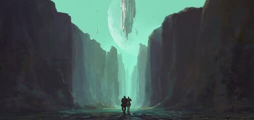 Wall Mural - two soldiers walk in a canyon on an alien planet.