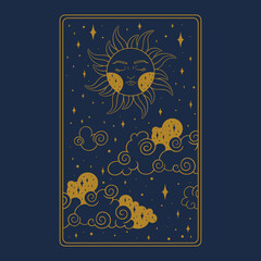 Wall Mural - Tarot aesthetic golden card. Occult tarot design for oracle card covers. Vector illustration isolated in blue background