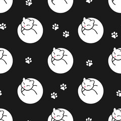 Wall Mural - Cute white cat on black background vector seamless pattern. Best for textile, home decor, wallpapers, wrapping paper, package and web design.