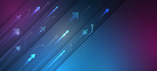 Modern high-tech background for presentations and websites. Abstract background with glowing dynamic lines. Futuristic red-blue stripes with arrows.