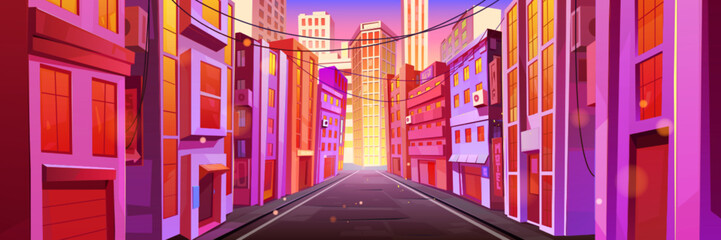 Wall Mural - City street with road at early morning, empty morning driveway with walkways and buildings at pink sunlight perspective view. Urban architecture, megalopolis infrastructure Cartoon vector illustration