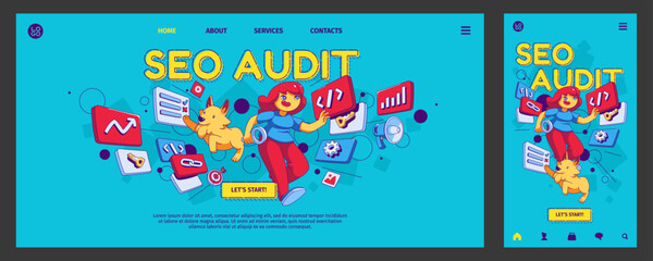 Wall Mural - seo audit banner. research of keyword engine optimization, business analysis concept with girl and d