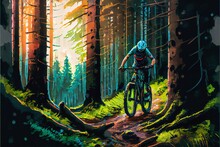 Downhill Fun Mountain Biking, Sport, Extreme Trees Forest Path Trail Artistic Background