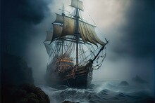 Ship In The Stormy Sea Pirate Sailing In The Fog Near Rocky Shore, Generative Ai