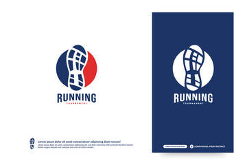 Running club logo with shoe print design template, Marathon tournament logptype, Sport team identity. Fitness, athlete training for life symbol, Creative lettering logo design