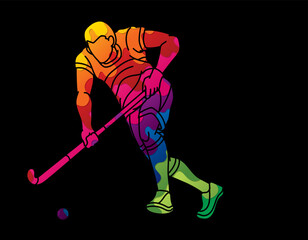 Wall Mural - Field Hockey Sport Male Player Action Cartoon Outline Graphic Vector