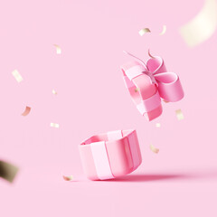 Canvas Print - Open gift box and confetti falling on pastel pink background. 3d rendering 