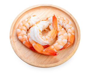 Wall Mural - Cooked shrimps isolate on White , Prawns on a wooden plate on white backlgroung with clipping path..